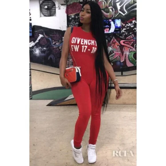 PREOWNED GIVENCHY FALL 2017 RED WHITE LOGO PRINT CELEBRITY-OWNED BODYSUIT  SZ SM